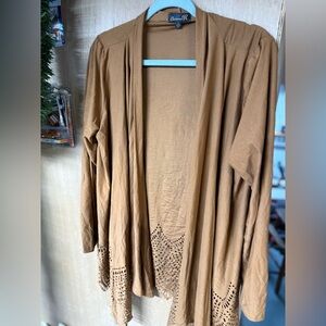 Brown Open-Front Sweater with Lace Detail